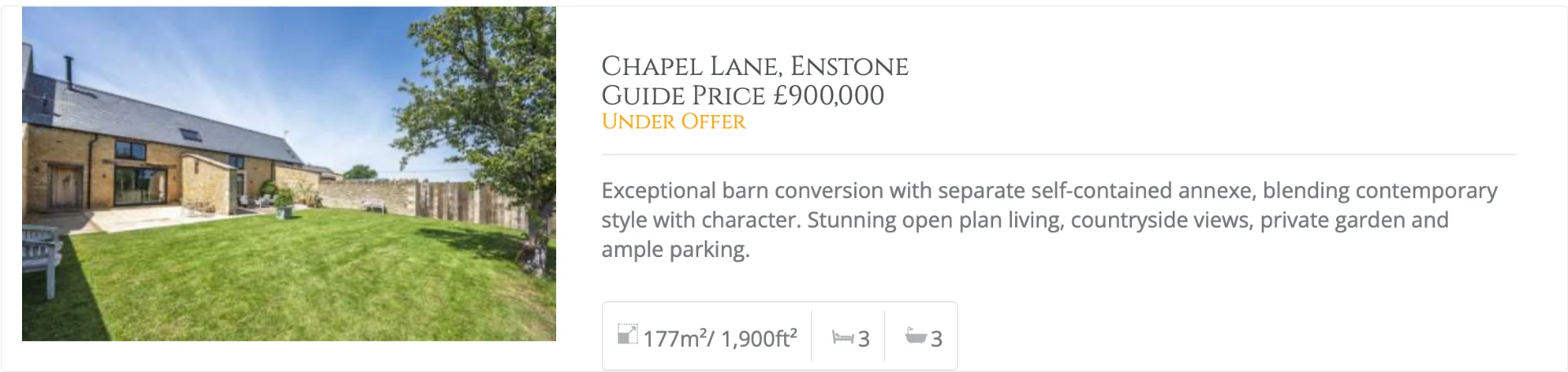 Three-bedroom barn conversion on Chapel Lane in Enstone, offered at £900,000