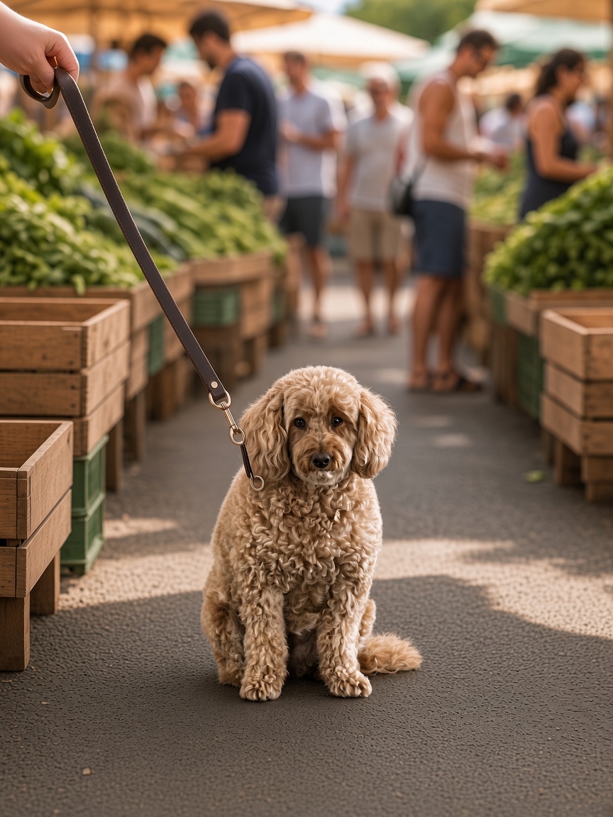 Sunny the cockapoo sitting on a lead between the market stalls