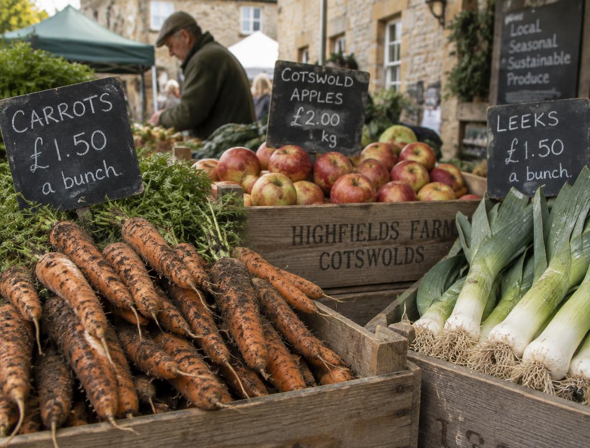 Crates of carrots, apples and leeks on a market produce stall