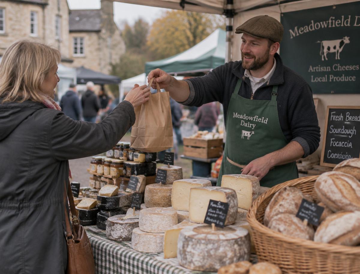 A trader handing over a paper bag at a cheese and bread stall