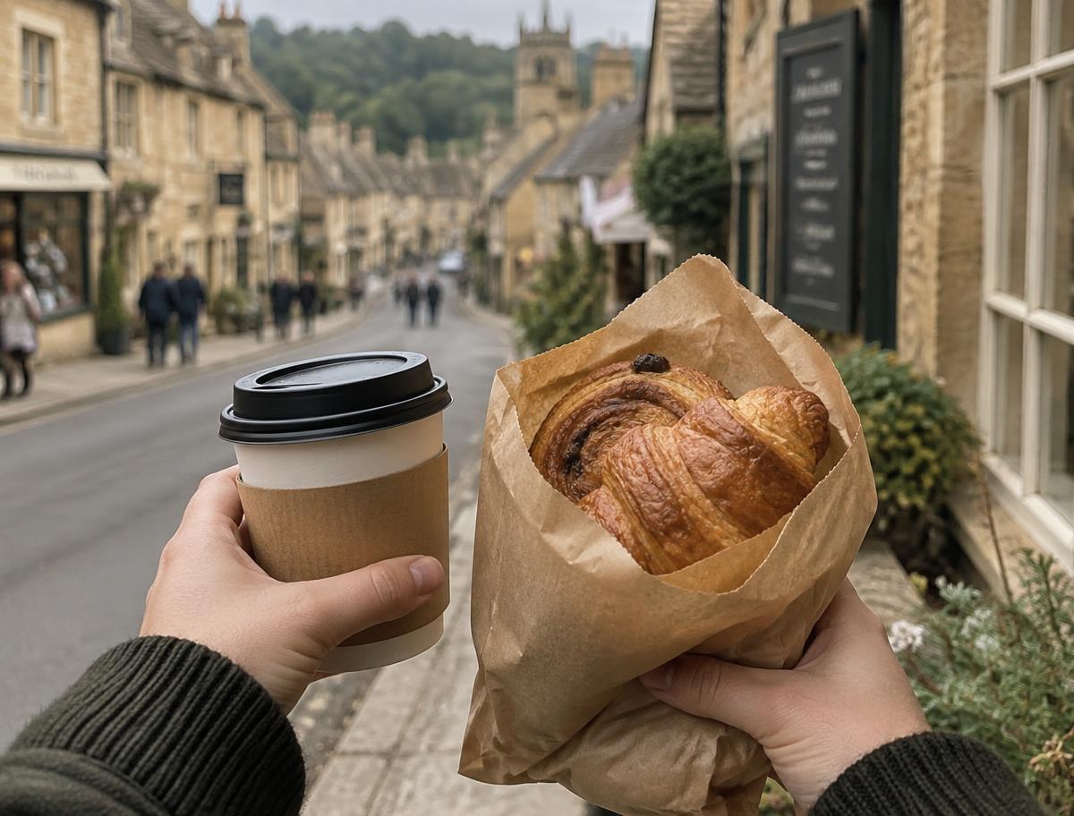 Coffee and a pastry held up in front of a Cotswold street