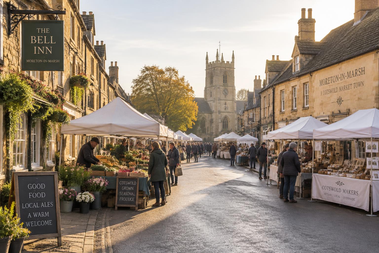 Market stalls along the wide high street in Moreton-in-Marsh at sunrise
